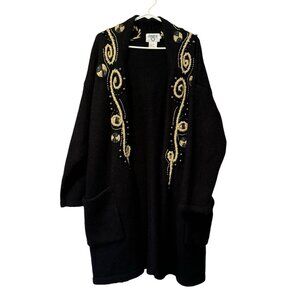 VTG Cervelle Sweater Women 1X Black Geometric Open Front Knit Cardigan 90s Retro